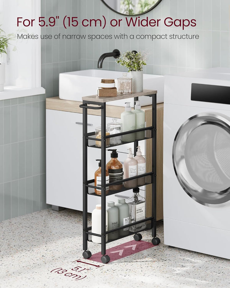 VASAGLE Slim Rolling Cart, 4-Tier Storage Cart, Narrow Cart with Handle, 5.1 Inches Deep, Metal Frame, for Kitchen, Dining Room, Living Room, Home Office, Heather Greige and Classic Black ULRC032K01