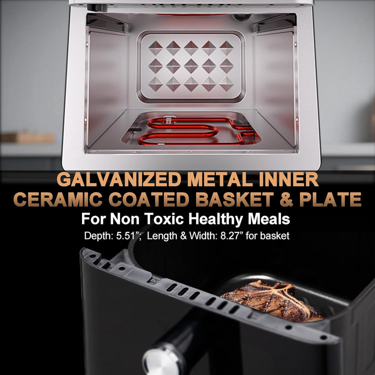 Stainless Steel Air Fryer Ceramic Coat Basket Non Toxic Metal Cavity 6 QT Compact for 2-3 PAX, DAYBEST Dual Heats Airfryer 450ยฐF 12 in 1, Dishwasher Safed Pot, Plate, Rack & Liner (Stainless Steel)