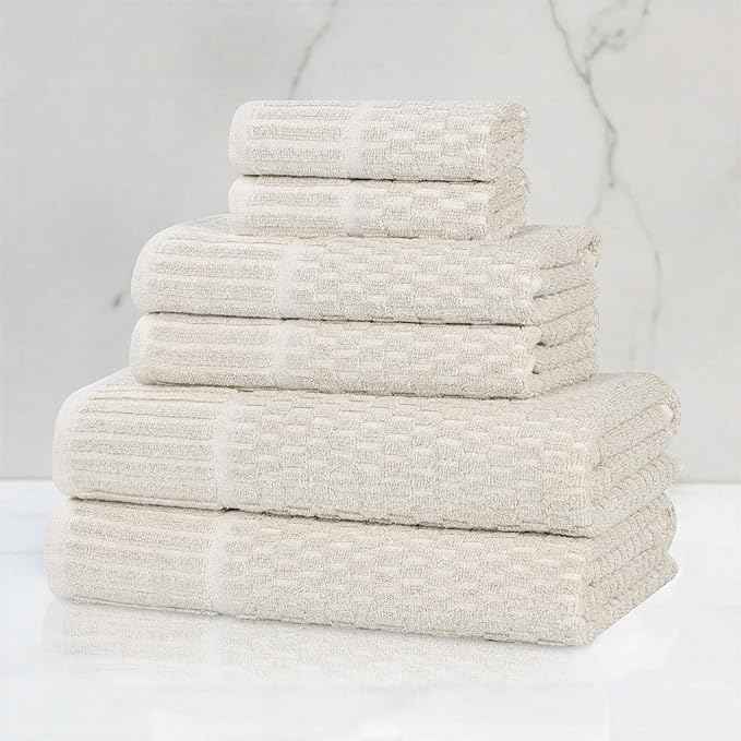 Superior Juno Viscose Cotton Blend Medium Weight Towels, for Bathroom, Shower, Spa, Plush, Quick Dry, Ultra-Soft Towels, Bath Essentials, Border Detail, 6 Piece Assorted Towel Set, Beige