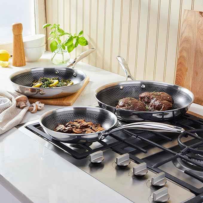 HENCKELS Paradigm 5-pc Cookware Set, Nonstick Frying Pan and Silicone Utensil Set, 3-Ply Stainless Steel Skillets for Induction Cooktop, Gas & Electric Stovetops – Dishwasher Safe & Oven Safe