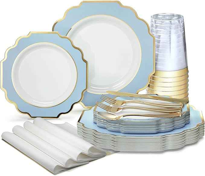 OCCASIONS FINEST 200 Piece Disposable Dinnerware Set for 25 Guests, – Plastic Plates, Gold Cutlery, Cups, Napkins – Heavy Duty Party Tableware, Imperial White Blue Gold Collection