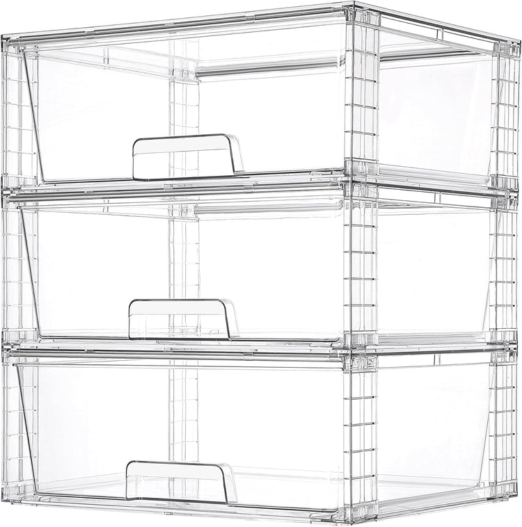 Vtopmart 3 Pack Large Stackable Storage Drawers,Easily Assemble Clear Acrylic Bathroom Closet Undersink Organizers,Plastic Storage Bins for Cabinet,Kitchen Pantry,Medicine Organization
