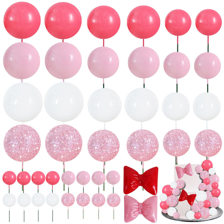 42 pcs Foam Ball Cake Toppers with Sticks Includes 2 Bow Cake Decor Perfect for Birthday Party Pink&White Theme Party Decor Wedding Anniversary Celebration (42 Count)