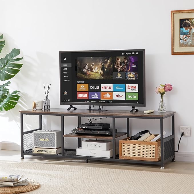 VECELO TV Stand with Power Outlets for Televisions up to 65Inch, 55" Media Entertainment Center with Charging Station 3-Tier Open Storage Shelves with Metal Frame for Living Room/Bedroom,Brown