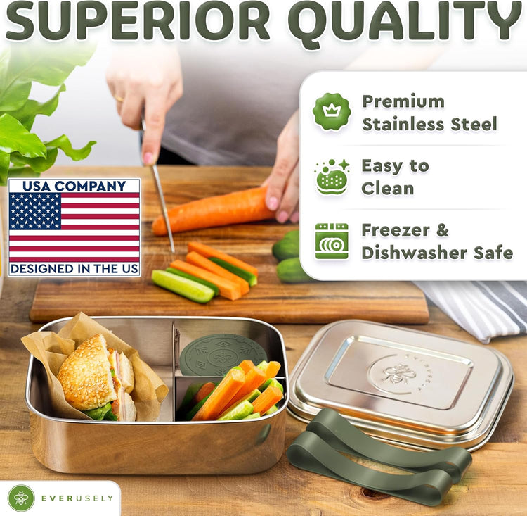 Everusely - Bento Box - Sage, 60oz / 1.8 L - Stainless Steel Lunch Box with Leakproof Condiment Container - 3 Compartment Snack Organizer for On the Go Meals - Freezer & Dishwasher Safe