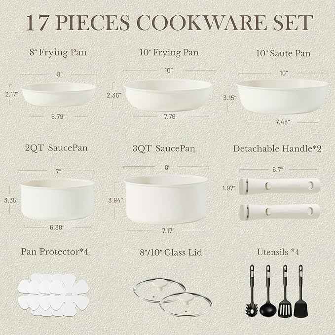 CAROTE 17pcs Pots and Pans Set, Nonstick Cookware Set Detachable Handle, Induction Kitchen Cookware Sets Non Stick with Removable Handle, RV Cookware Set, Oven Safe