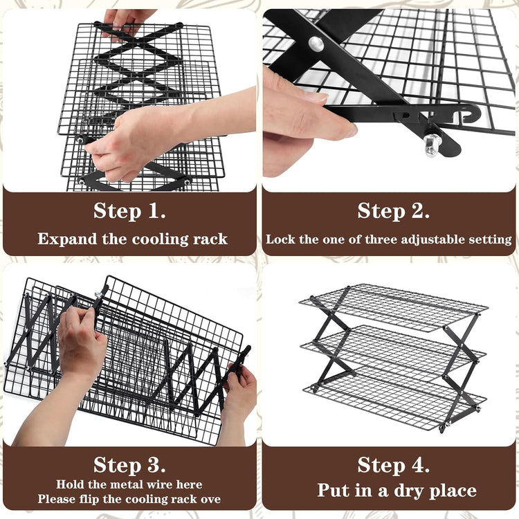 Pleafind 3 Tier Collapsible Cooling Rack - 3 Setting Design, Adjustable & Stackable Baking Rack, 5 Modes Cooling Racks for Cooking and Baking, Roasting & Grilling Gifts for Picnic Party