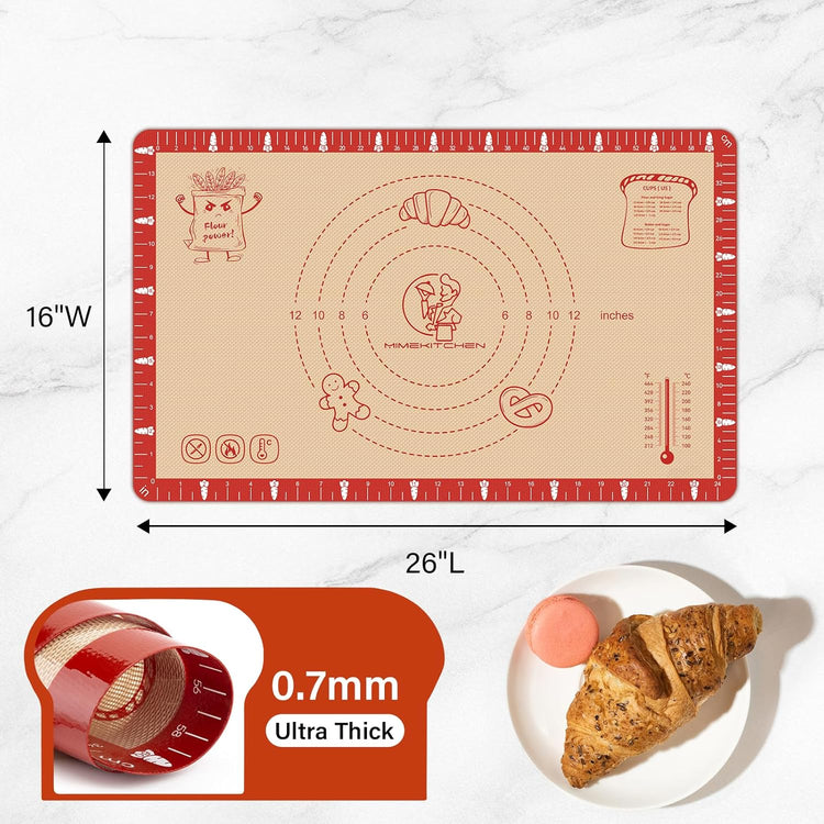 Non-Slip Silicone Baking Mat - 26x16 inch Extra Thick Pastry Mat with Measurements for Sourdough, Macarons, Bread, Pizza, Dough Rolling, Kneading, Heat Resistant to 480ยฐF Gift for Baker