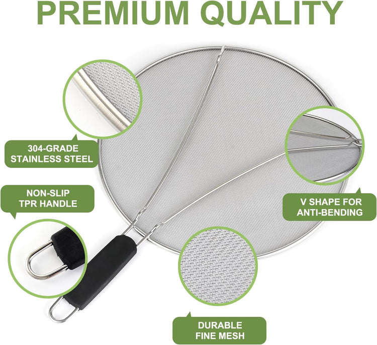 13'', 11.5'', 9.8'' Stainless Steel Grease Splatter Guard for Frying Pan with Comfortable Grip Handle, Ultra Fine Mesh Prevents Oil Splatters and Messes, Heavy Duty Splatter Screen
