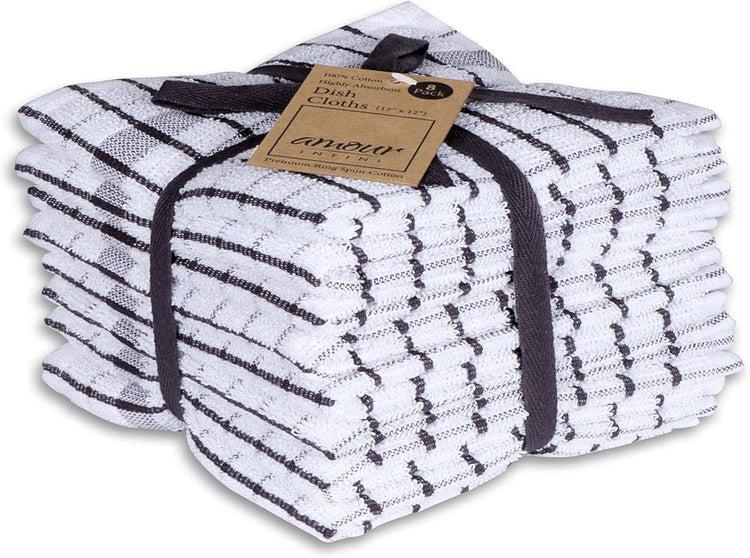 AMOUR INFINI Kitchen Dish Cloths Set of 8 - Ultra Soft, Highly Absorbent, Quick-Drying Terry Cotton Dishcloths 12"x12" Inch Wash & Cleaning Cloths for Kitchen & Dishwashing (D.Grey) - Nestoria