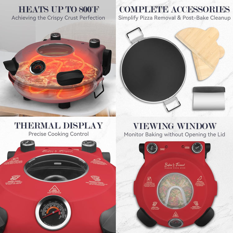 Baker’s Friend Electric Pizza Oven Indoor Countertop, 12 Inch Pizza Maker Machine for Home, Pizza Cooker & Pizza Grill, Premium Glazed Ceramic Stone Pizza Oven, Chilli Red