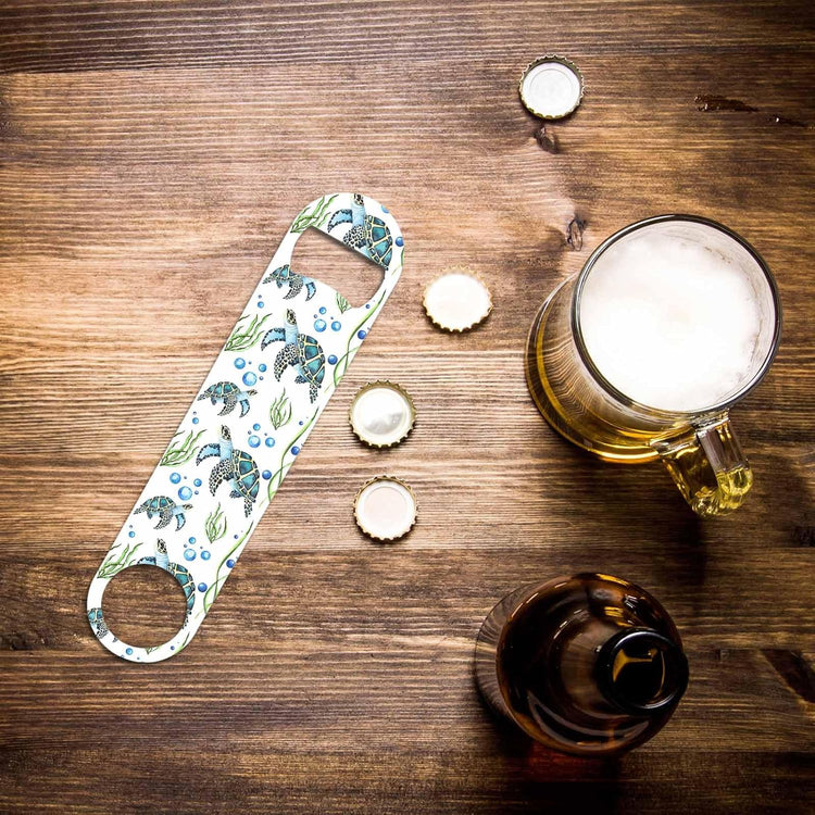 Watercolor Turtles Stainless Steel Bottle Opener Swimming Green Seaweed Blisters Freedom Leisure Ocean Animals Flat Beer Bottle Opener Keychain for Home Kitchen Bar Restaurant Party Gift