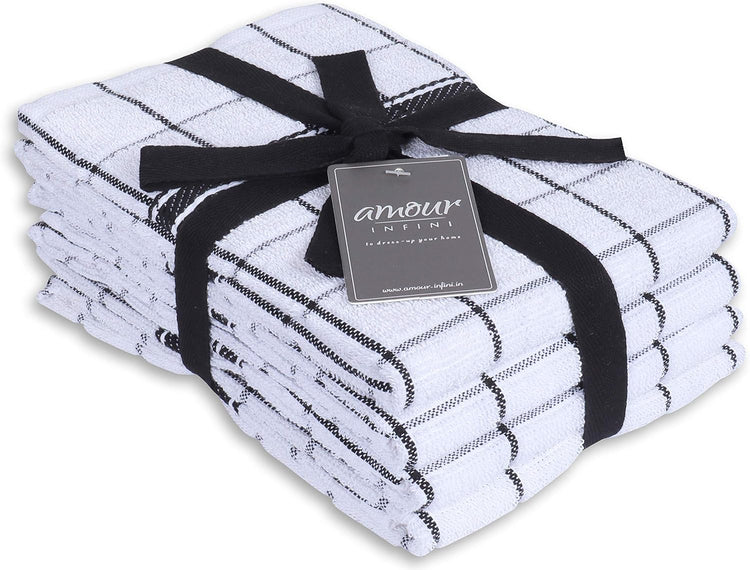 AMOUR INFINI Terry Cotton Kitchen Towels 4-Pack - Large 18 x 28 Inch, Absorbent & Soft Dish Towel with Hanging Loop, Washable Ideal for Cleaning, Drying (Black) - Nestoria