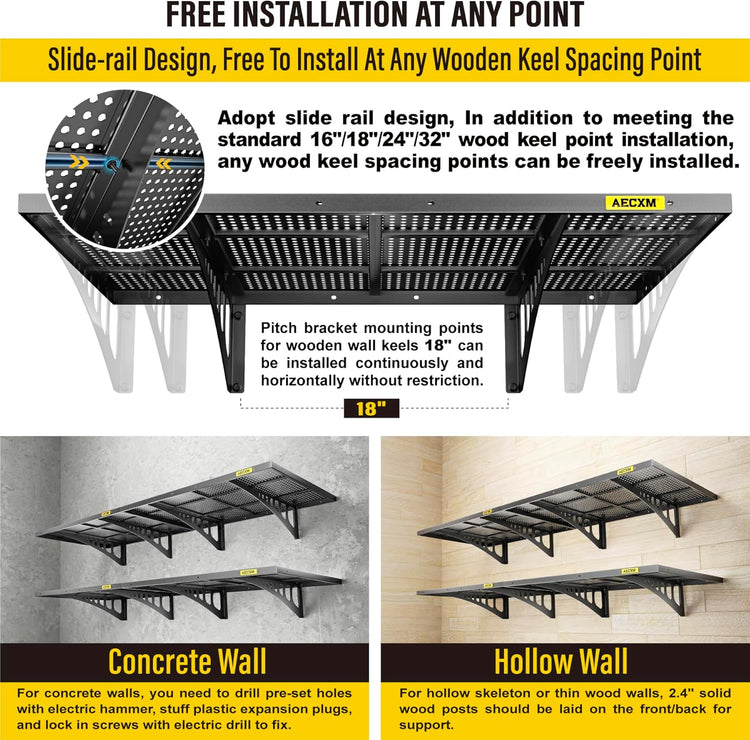 4-pack 2x3ft Adjustable Garage Wall Shelving 1120lbs Load Capacity Heavy Duty Wall Mounted Storage Shelf Metal Floating Shelves for Garage(Black)