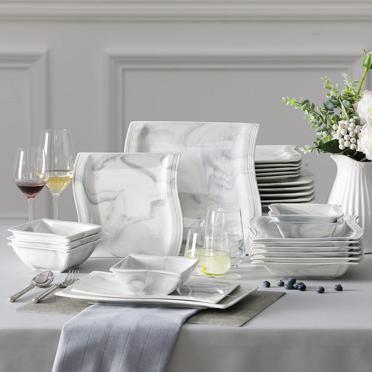 26 Piece Marble Grey Square Dinnerware Sets