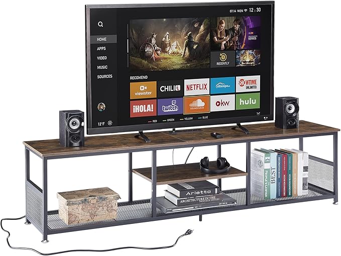 VECELO TV Stand with Power Outlets for Televisions up to 75Inch, 62" Media Entertainment Center with Charging Station 3-Tier Open Storage Shelves with Metal Frame for Living Room/Bedroom,Brown