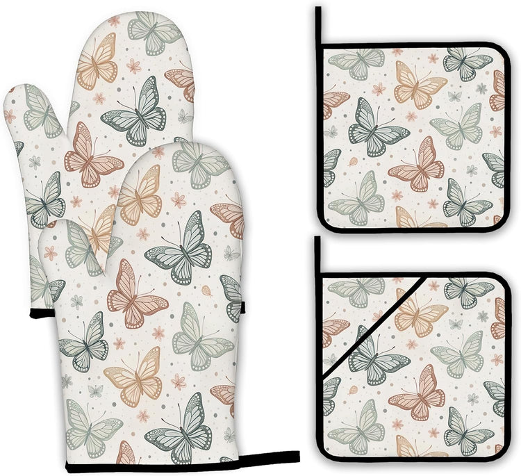 Butterfly Vintage Oven Mitts and Pot Holders Set,Boho Kitchen Decor Heat Resistant Non Slip Hot Pads and Oven Mitt for Chef Cooking Baking BBQ Mom Girl Gifts(4 Piece Set)