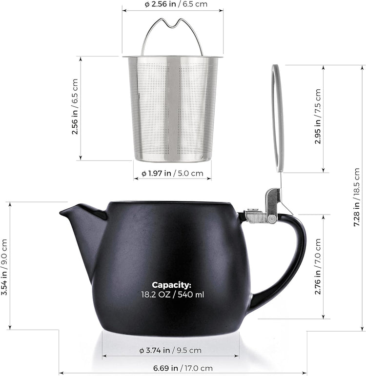 Tealyra - Pluto Porcelain Small Teapot Black - 18.2-ounce (1-2 cups) - Matte Finish - Stainless Steel Lid and Extra-Fine Infuser To Brew Loose Leaf Tea - 540ml