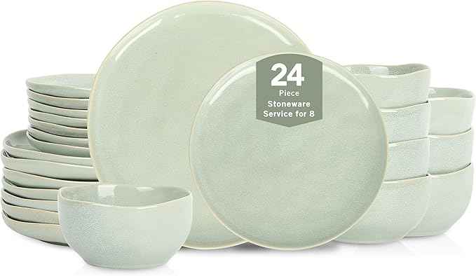 Stone Lain Mirella 24-Piece Dinnerware Set Stoneware, Plates and Bowls set, Microwave and Dishwasher Safe, Dish Set for 8, Light Green