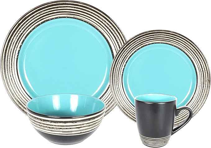 16 Piece Dinnerware Set, Ceramic Plates and Bowls Sets for 4, Microwave and Dishwasher Safe, Handcrafted Tree Bark Series Dish Set, Turquoise