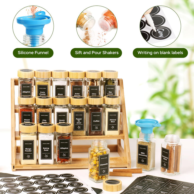 3 Tier Bamboo Spice Rack Organizer with 18 Empty 4 oz Glass Spice Jars