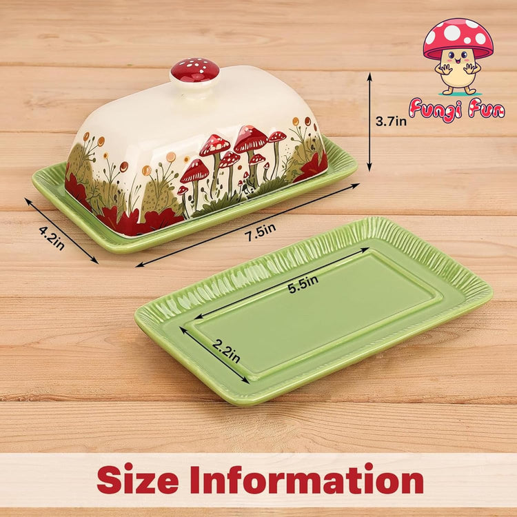 Fungi Fun Mushroom Butter Dish With Lid For Countertop Ceramic Butterdish, Red Mushroom Butter Container, Butter Tray Large Butter Dish Covered (White, Standard)