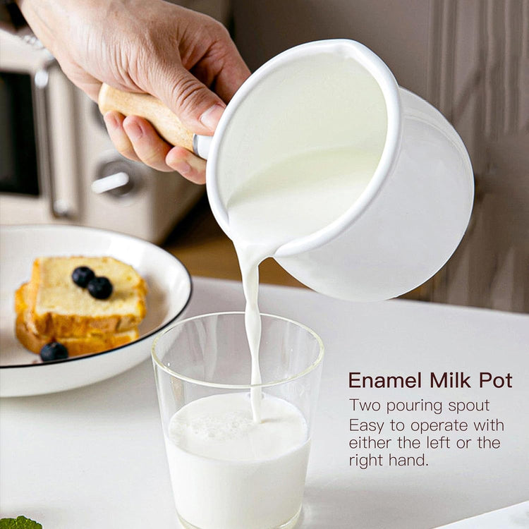 Enamel Milk Pot, Small Saucepan Milk Pot Butter Warmer 4 Inch 17 Oz Enamel Small Sauce Pan with Wooden Handle, Perfect Size for Heating Smaller Liquid Portions. (White)