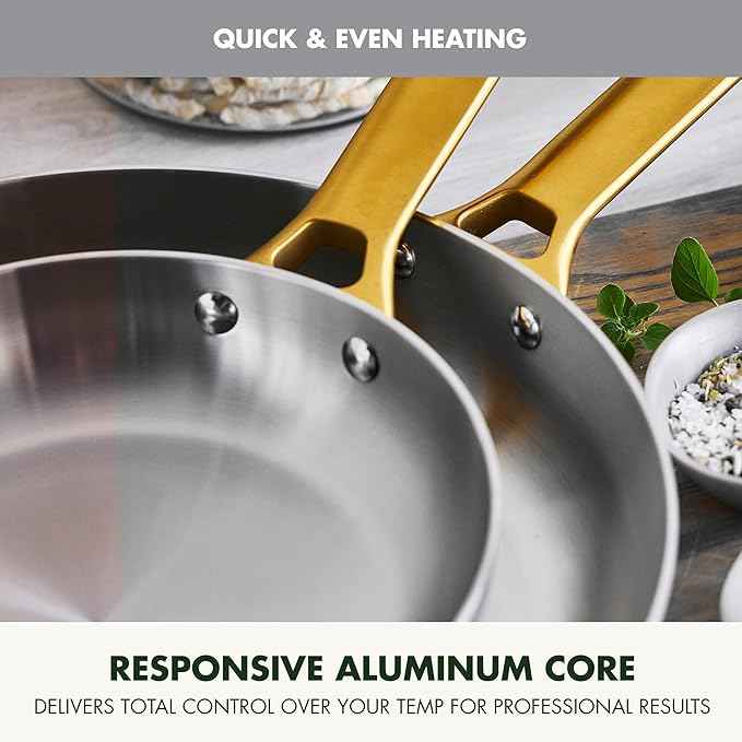 GreenPan Stainless Steel Tri-Ply Reserve 10” and 12” Frying Pan Skillet Set, Multiclad Cookware, Induction, Oven & Broiler Safe to 600°F, Heat Responsive Core, Dishwasher Safe, Gold Handles