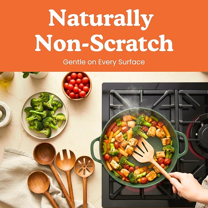 Non-Toxic Cooking Utensils โ 6-Piece Kitchen Utensils Set, Glue-Free & One-Piece Wooden Spoons for Cooking, Natural Wooden Utensil Set with Plant-Based Finish, Free of Forever Chemicals