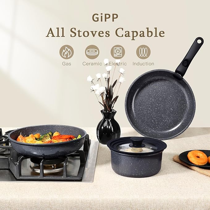 GiPP Ceramic Pots and Pans Set Non Stick, Nonstick Detachable Handle Cookware Sets, Healthy Non Toxic PFAS PFOA & PTFE Free, Dishwasher &Oven Safe, Induction Kitchen Pot and Pan, 8 Piece Grey