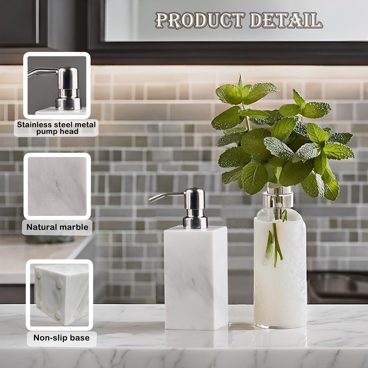 Hand Liquid&Lotion Soap Dispenser Pump Bottle Natural Marble for Kitchen Bathroom Countertop Laundry Room Holds Dish Soap Shampoo Laundry Liquid Shower Gel