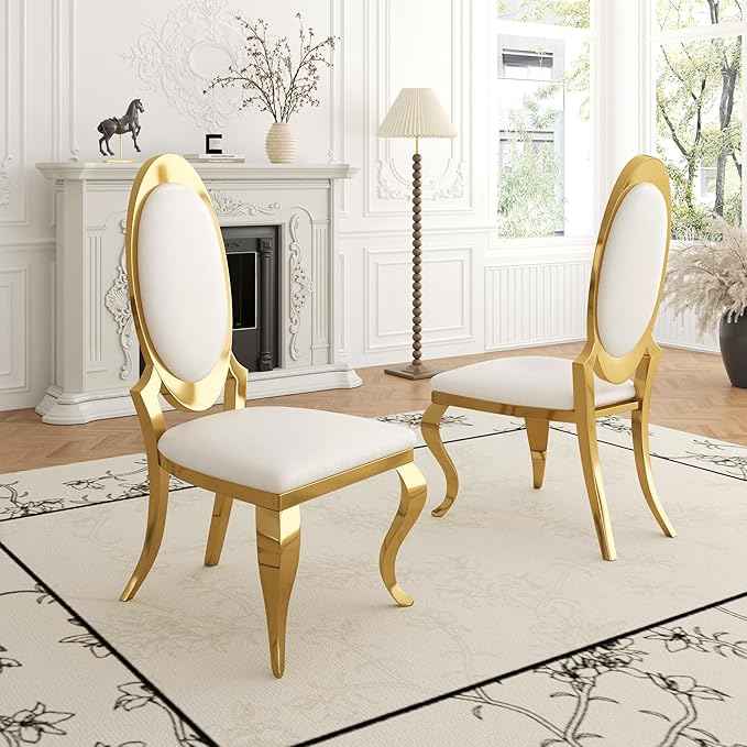 Modern Dining Chairs Set of 6, Luxury Faux Leather Upholstered Armless Dining Room Chair with Mirrored Stainless Steel Gold Legs, Mid Century Accent for Wedding Party Banquet Reception, White