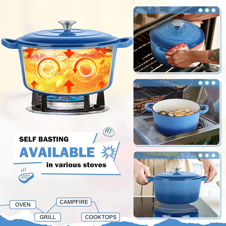 Small 3 Quart Dutch Oven, HaSteeL Round Cast Iron Cooking Pot with Lid, Nonstick Enameled Cookware for Sourdough Bread Baking Roasting Stewing Braising Frying, Heavy Duty & Oven Safe 500℉, Blue - Nestoria