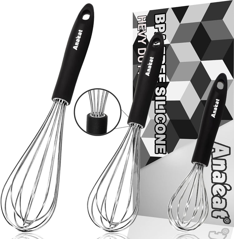3 Packs Stainless Steel Whisk Set - Balloon Whisk, Anaeat Thick Stainless Steel Wire & Strong Handles, Egg Beater for Cooking, Blending, Whisking, Beating and Stirring (8.5"+10.5"+12")