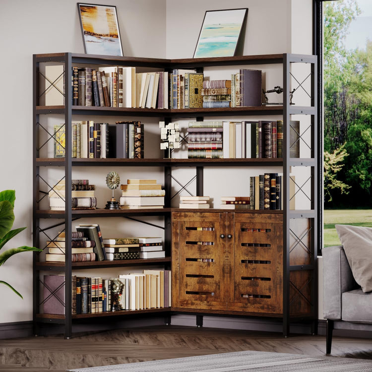 6-Shelf Corner Bookshelf, Vintage Industrial Corner Shelf Etagere Bookcase, Large Book Shelf with Metal Frame Open Storage Corner Cabinet (Brown-Lockers, Large)