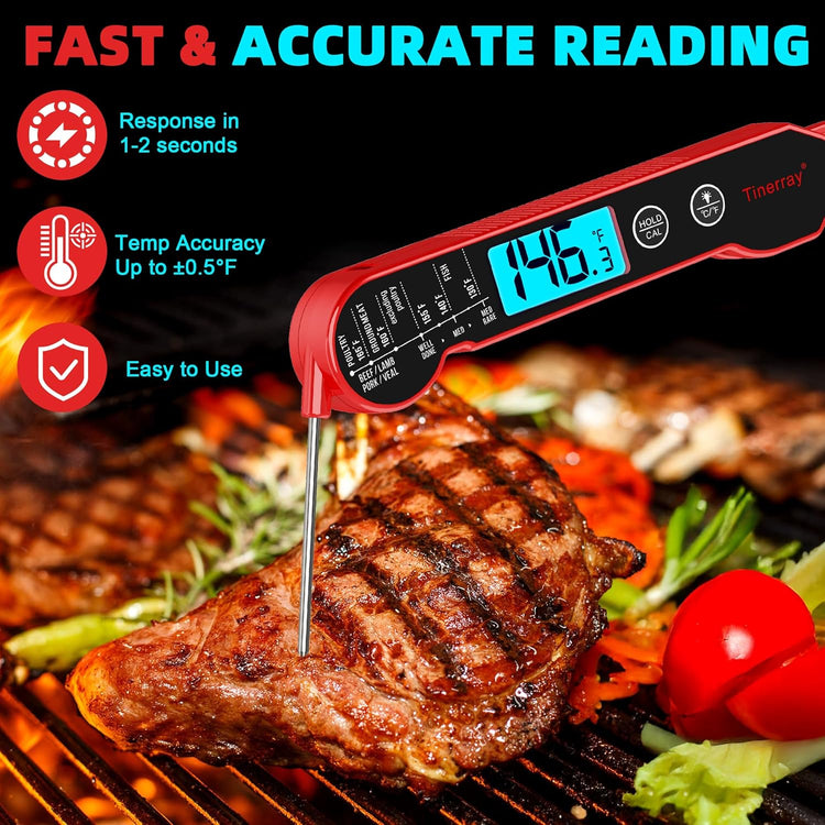 Digital Meat Thermometer for Cooking – Waterproof Instant Read Food Thermometer with Backlight & Calibration, Fast Read, Folding Probe for BBQ, Grill, Candy, Deep Fry, Kitchen, Liquids, Beef(Red)