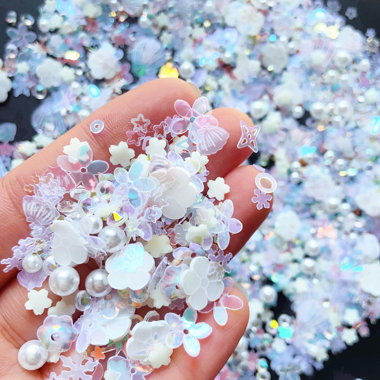 Sequins Holographic Polymer Clay Slices Nail Glitter 3D Holographic Snowflake Shell Butterfly Plum Blossom Nail Sequins Slices Polymer Clay Nail Decals for DIY Nail Decoration