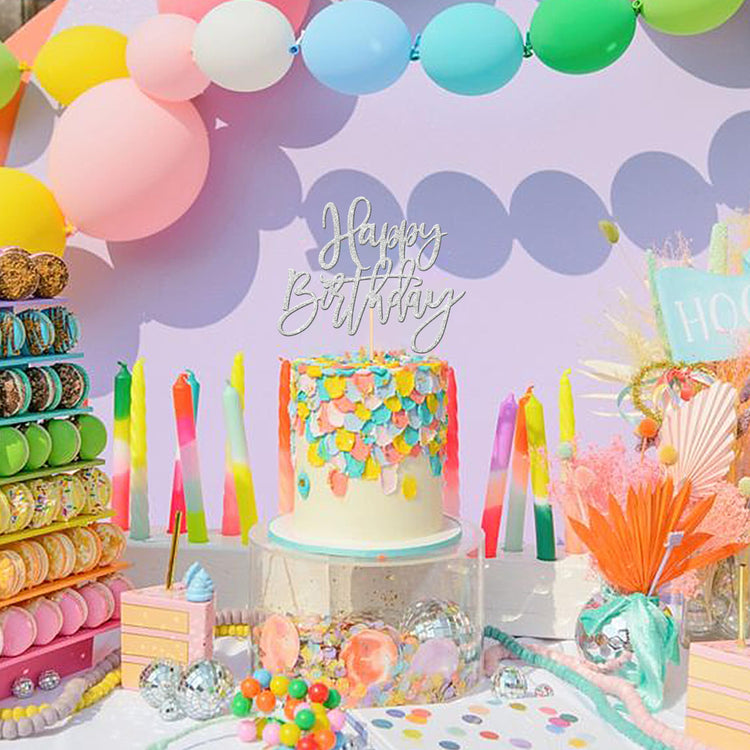 1 PCS Happy Birthday Cake Topper Glitter Happy Birthday Cake Pick for Celebrating Happy Birthday Anniversary Theme Party Cake Decorations Supplies Silver