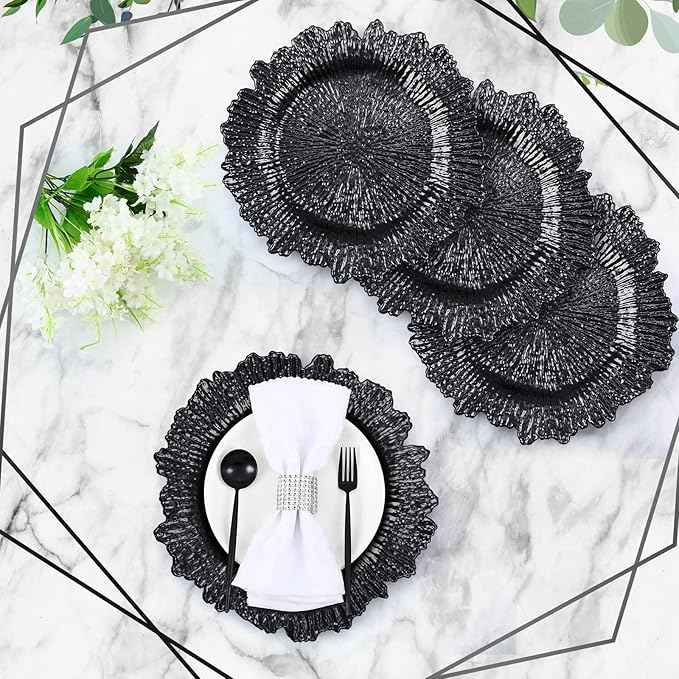 Tanlade 100 Pcs Reef Charger Plates Bulk 13 Inch Plastic Wedding Chargers Floral Decorative Plates with Metallic Ruffled Rim for Wedding Party, Holiday Event Supplies(Black)