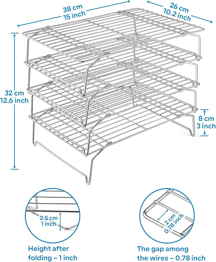 15IN x 10IN Cooling Baking Rack Set of 4, Leonyo 4-Tier Stackable Stainless Steel Wire Baking Cooking Racks Set for Cookie, Pizza, Cup Cake, Raised & Folding Feet