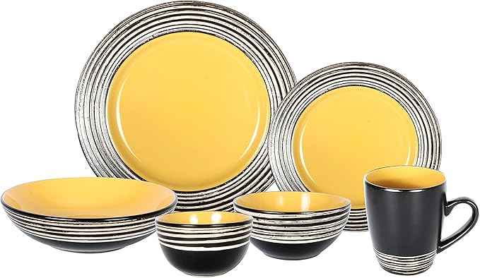 48 Piece Dinnerware Set, Ceramic Plates and Bowls Sets for 8, Microwave and Dishwasher Safe, Handcrafted Tree Bark Series Dish Set, Sunflower/Yellow