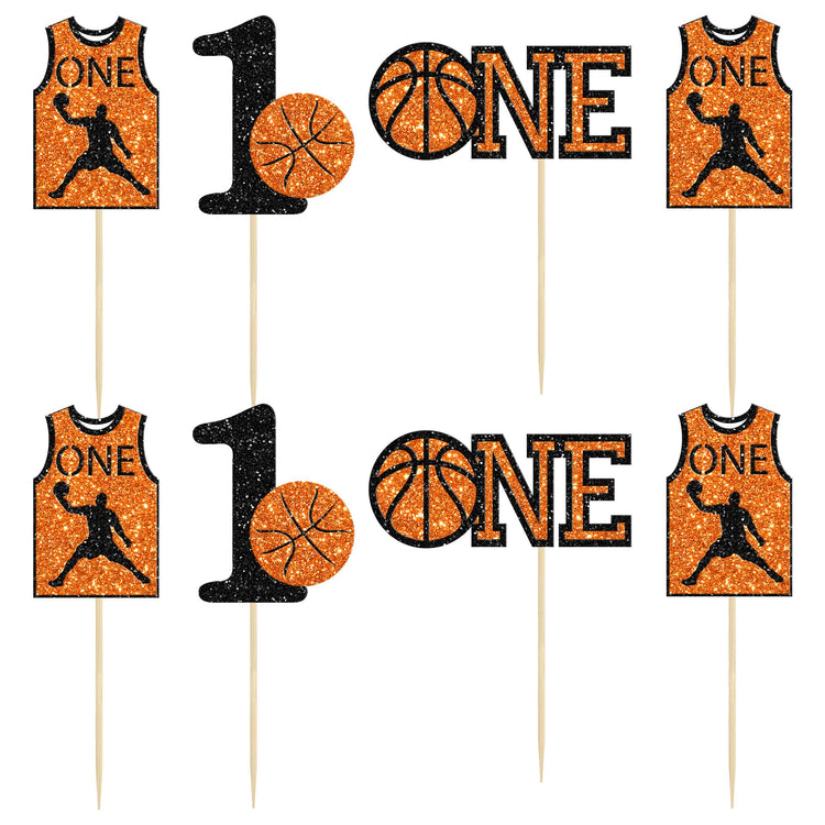 24Pcs Basketball One Cupcake Toppers Glitter Number 1 First Birthday Basketball Cupcake Picks for Sports Theme Baby Shower Kids 1st Birthday Party Cake Decorations Supplies (24 Count)