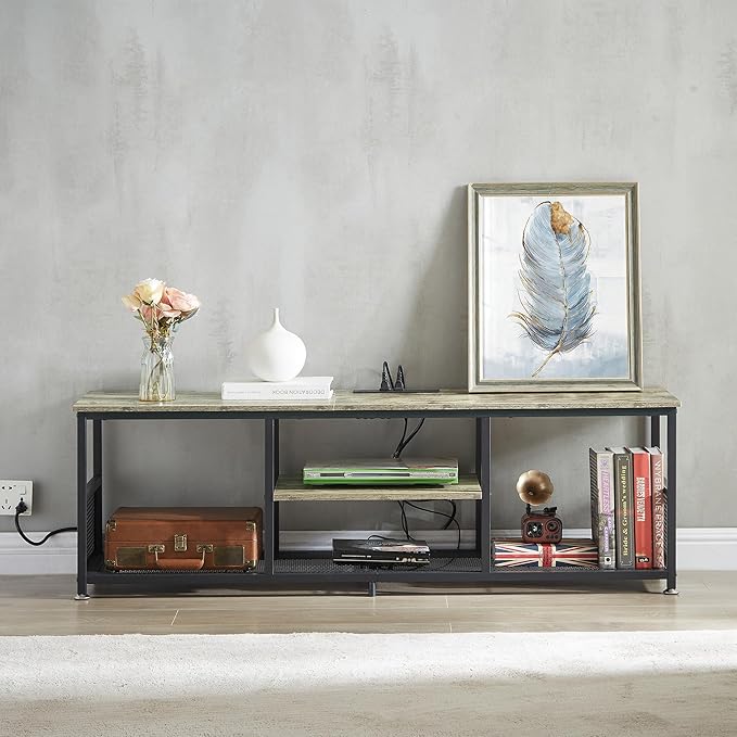 VECELO TV Stand with Power Outlets for Televisions up to 65Inch, 55" Media Entertainment Center with Charging Station 3-Tier Open Storage Shelves with Metal Frame for Living Room/Bedroom,Grey