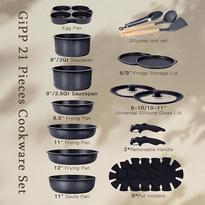 GiPP Ceramic Pots and Pans Set Non Stick, Nonstick Detachable Handle Cookware Sets, Healthy Non Toxic PFAS PFOA & PTFE Free, Dishwasher &Oven Safe, Induction Kitchen Pot and Pan, 21 Piece Grey