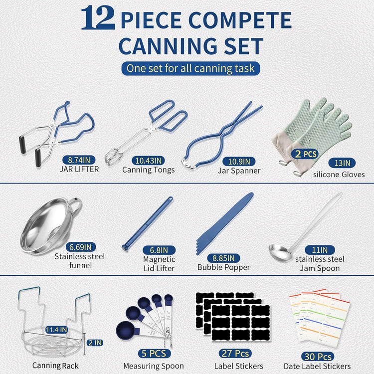 Canning Supplies Starter Kit,Canning Kit for Beginners of 12 with Rack,Silicone Oven Gloves,Jar Lifter,Funnel,Wrench,Tongs,Lid Lifter,Bubble Popper,Labels,ladle,Measuring spoon-G12-Blue