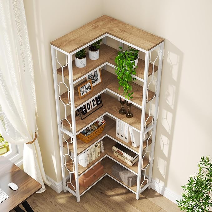 Tribesigns Corner Shelf, 7-Tier Industrial Corner Bookshelf, Wood and Metal Corner Etagere Bookcase, Freestanding Display Shelf for Living Room, Kitchen, Home Office, White and Natural