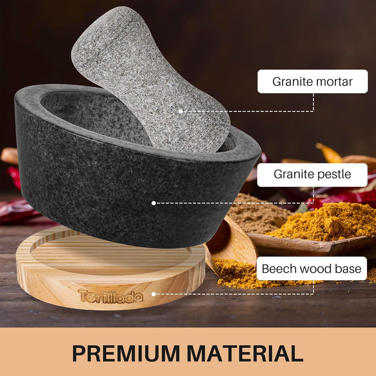 Tortillada β 6-inch Mortar and Pestle Set Large Made of Natural Granite with Anti-Scratch Wood Base Granite Spice Herb Grinder Pill Crusher with 50 Recipes, Black