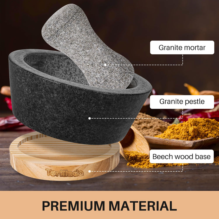 6 inch Mortar and Pestle Set Large Made of Natural Granite with Anti