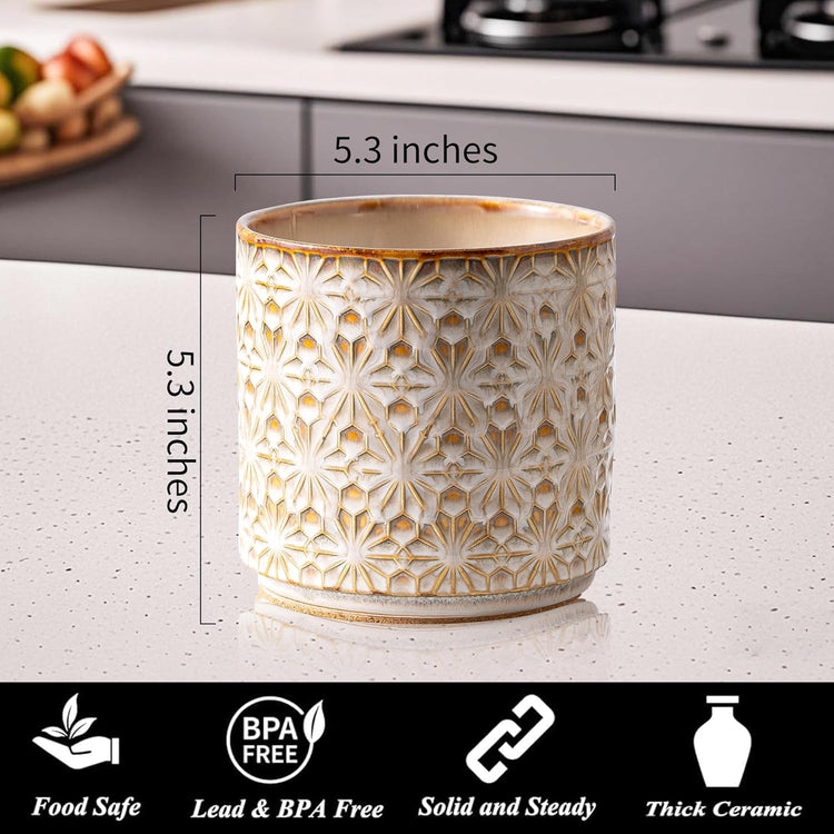 Utensil Holder Rustic Farmhouse Ceramic Utensil Crock for Countertop - 5.3" Handcrafted Kitchen Cooking Utensil Crocks with Cork Base, Natural Finish for Kitchen Tools Storage