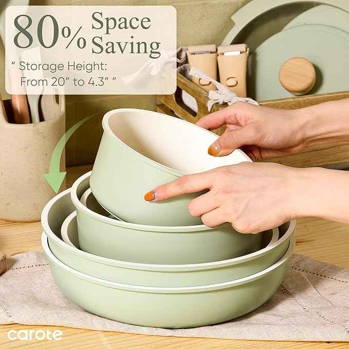 CAROTE 25pcs Pots and Pans Set Non Stick, Cookware Sets, Kitchen Set, Oven/Dishwasher/Fridge Safe, Space Saving Pots Set, Nonstick Set with Versatile Detachable Handle, Induction RV Set, Green